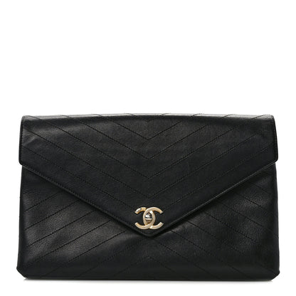 Chanel Lambskin Chevron Quilted Envelope Clutch Black 1 of 12