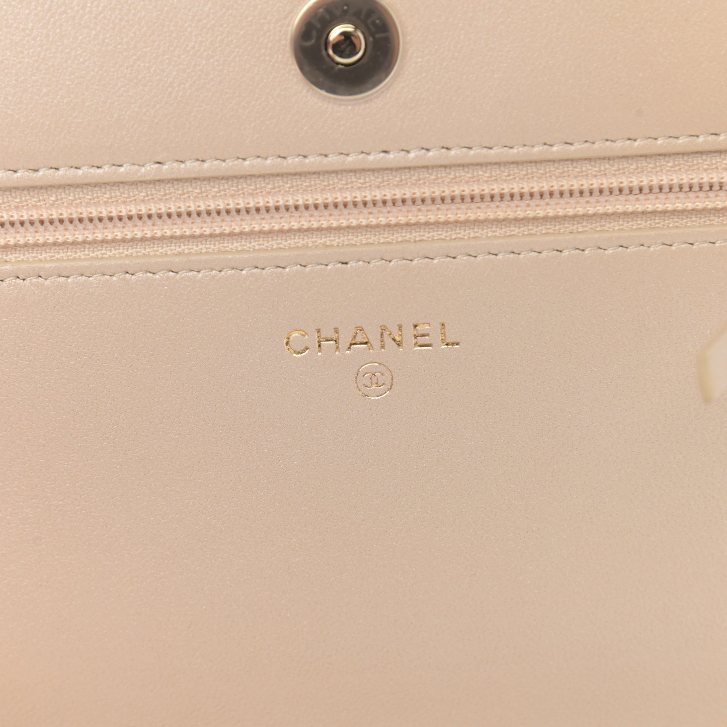 Iridescent Lambskin Quilted Pearl Wallet On Chain WOC Light Beige