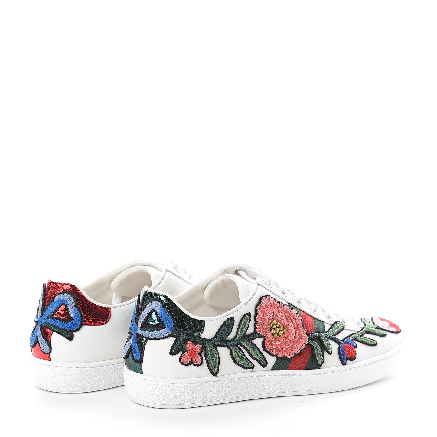 Calfskin Web Floral Embroidered Womens Ace Sneakers 37.5 White