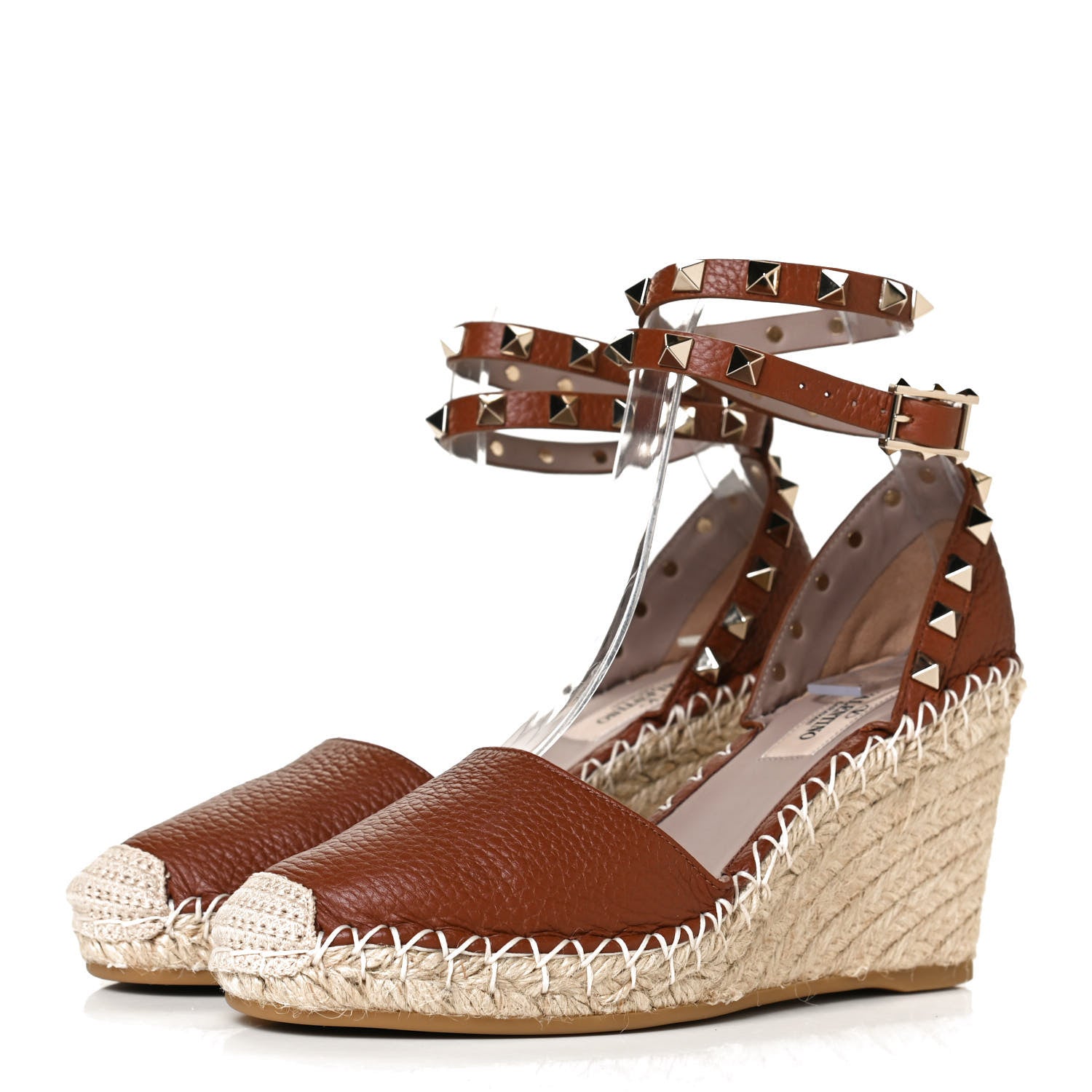 Valentino Garavani Grained Calfskin Rockstud Ankle Wrap Espadrille 15/85mm Wedges 35 Cuoio 3 of 9
