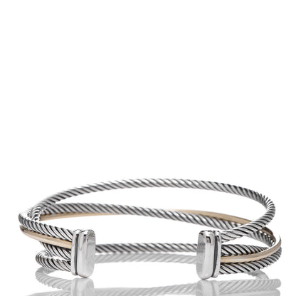 David Yurman Sterling Silver 18K Yellow Gold 18mm Three Row Crossover Cuff 3 of 5