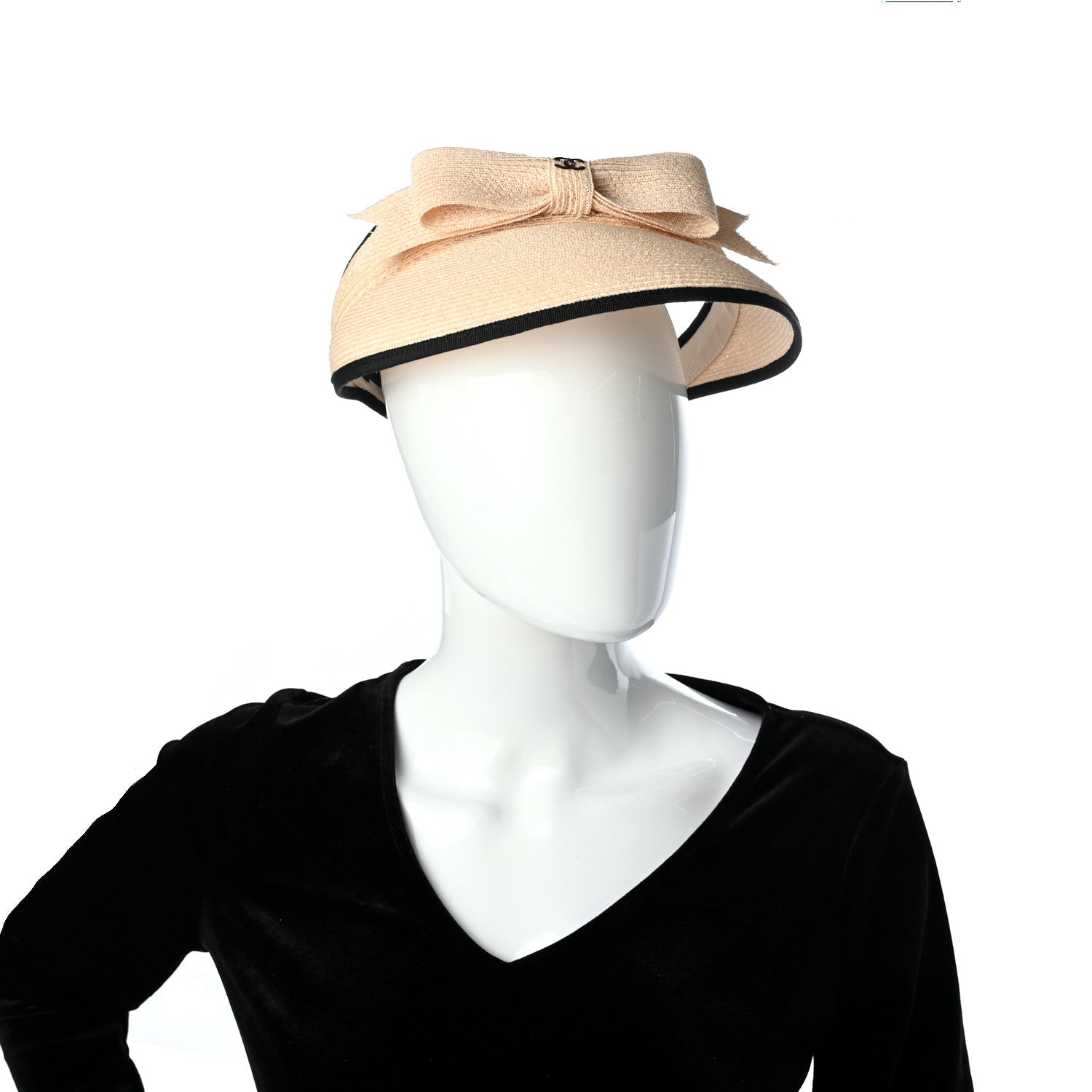 Chanel Straw Grosgrain Visor L Beige Black 2 of 9