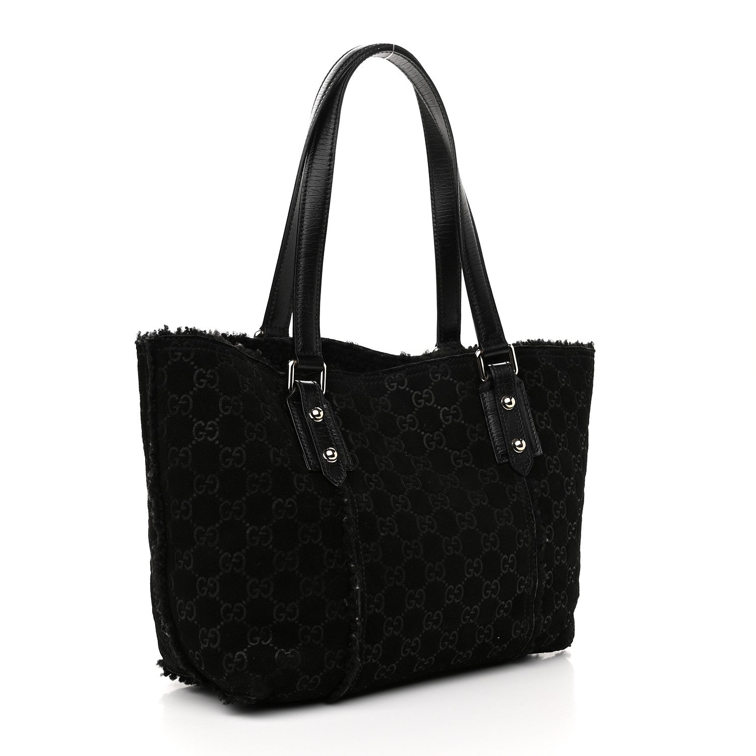 Gucci Monogram Suede Shearling Medium Jolicoeur Tote Black 4 of 10