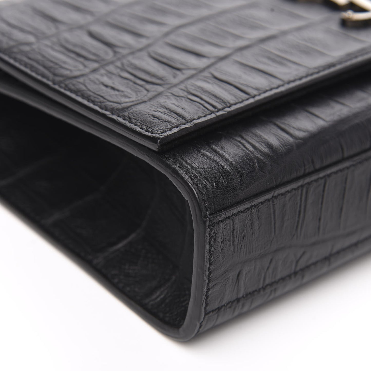 Calfskin Crocodile Embossed Medium Classic Monogram Kate Tassel Satchel Black