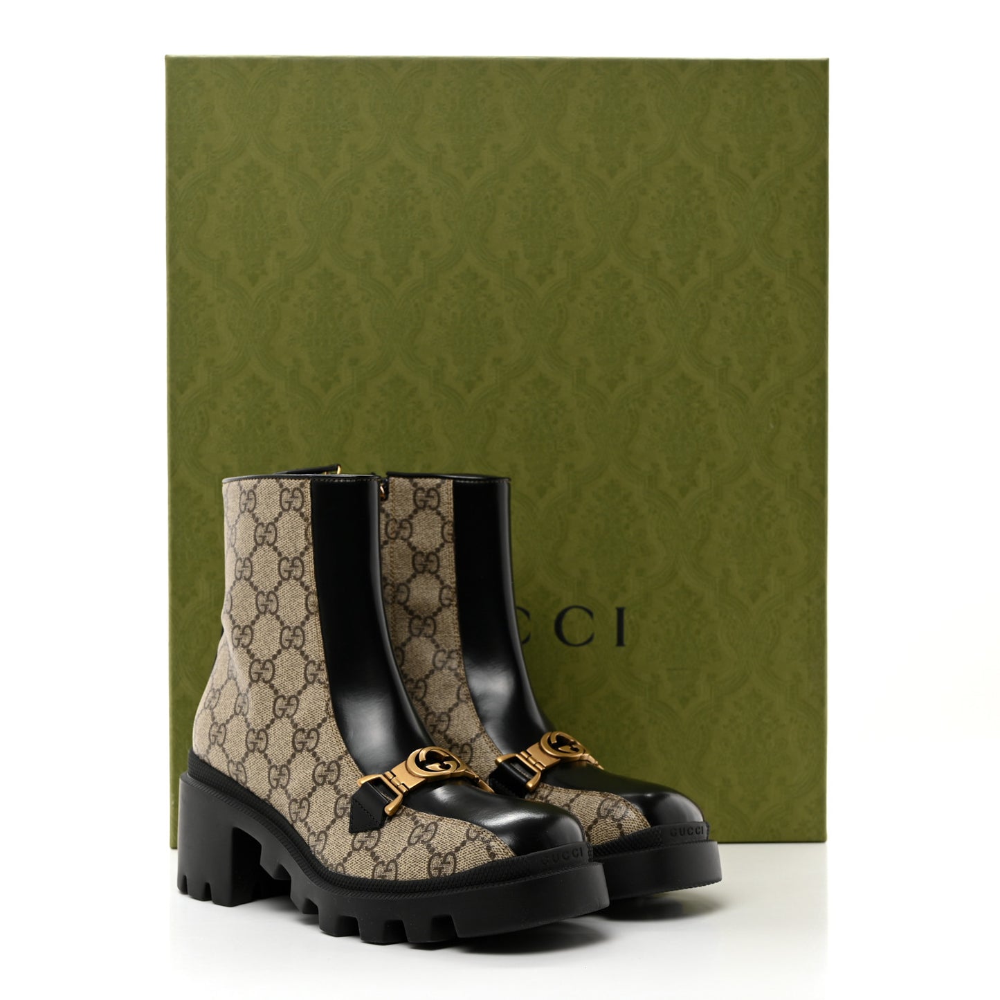 GG Supreme Monogram Magnum Calfskin Interlocking G Womens Lug Sole Ankle Boots 35.5 Beige Ebony Black