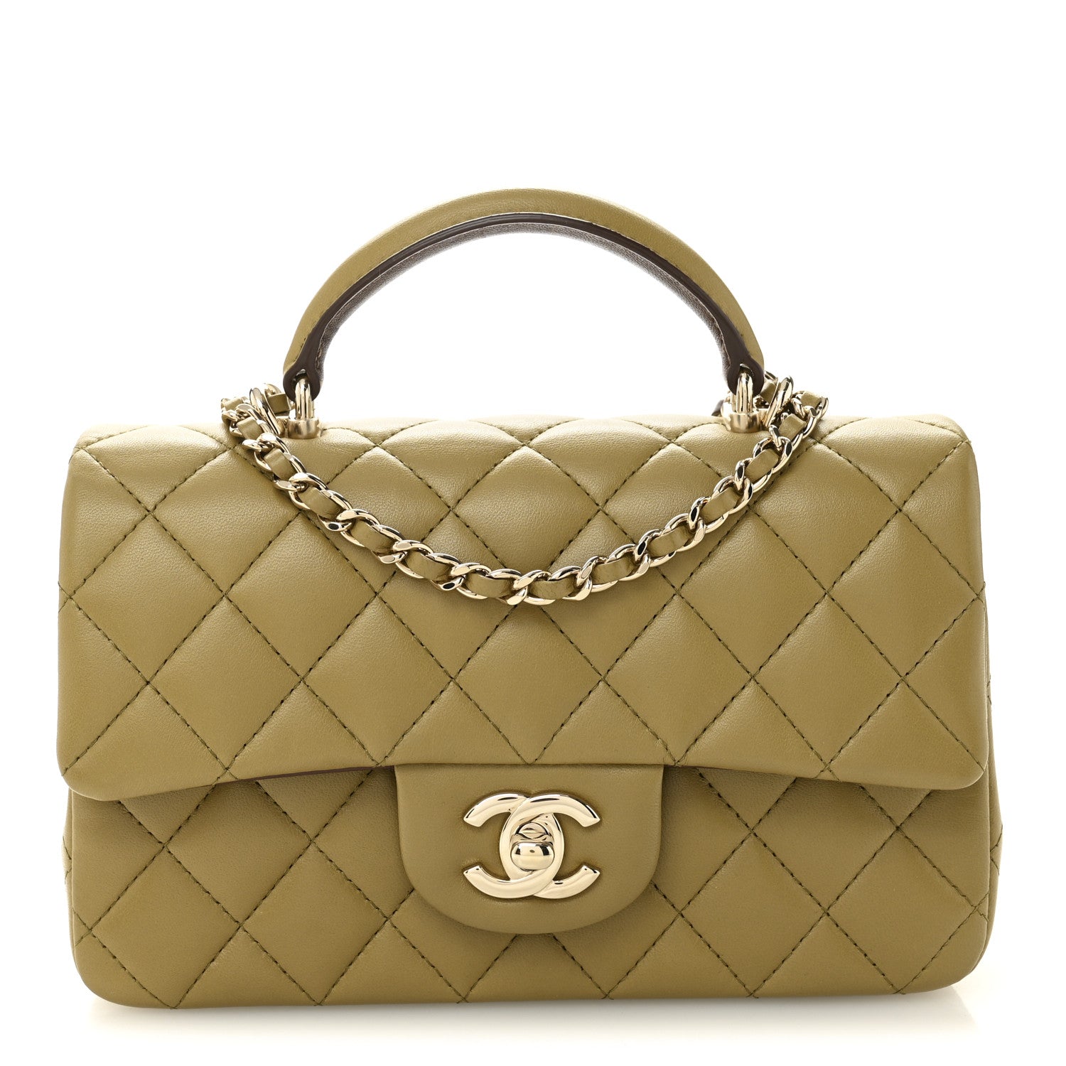 Chanel Lambskin Quilted Bi-Color Mini Top Handle Rectangular Flap Green Brown 1 of 11
