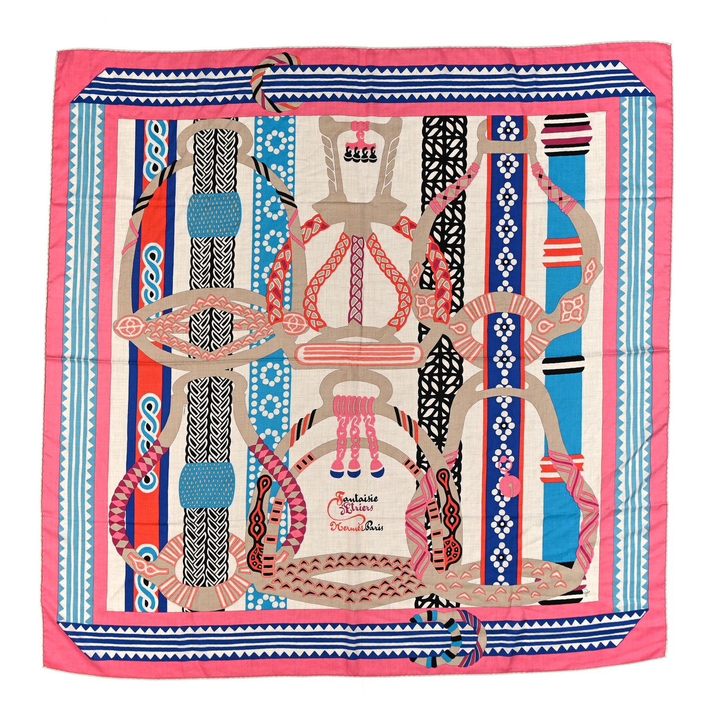 Cashmere Silk Fantaisie D'etriers Shawl 140 Rose Bonbon Naturel Bleu