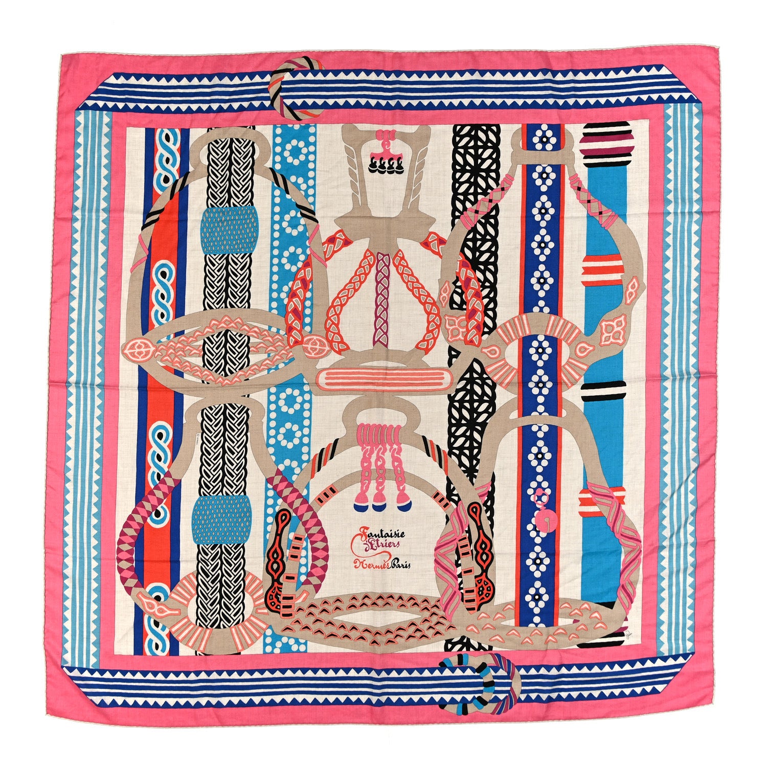 Hermes Cashmere Silk Fantaisie D'etriers Shawl 140 Rose Bonbon Naturel Bleu 1 of 4