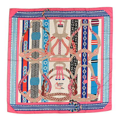 Hermes Cashmere Silk Fantaisie D'etriers Shawl 140 Rose Bonbon Naturel Bleu 1 of 4