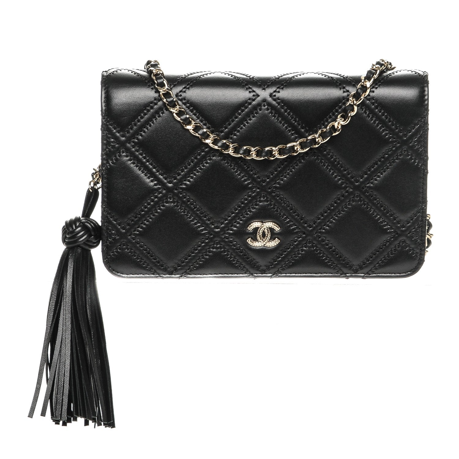 Chanel Lambskin Quilted Double Stitch Tassel Wallet On Chain WOC Black 1 of 8