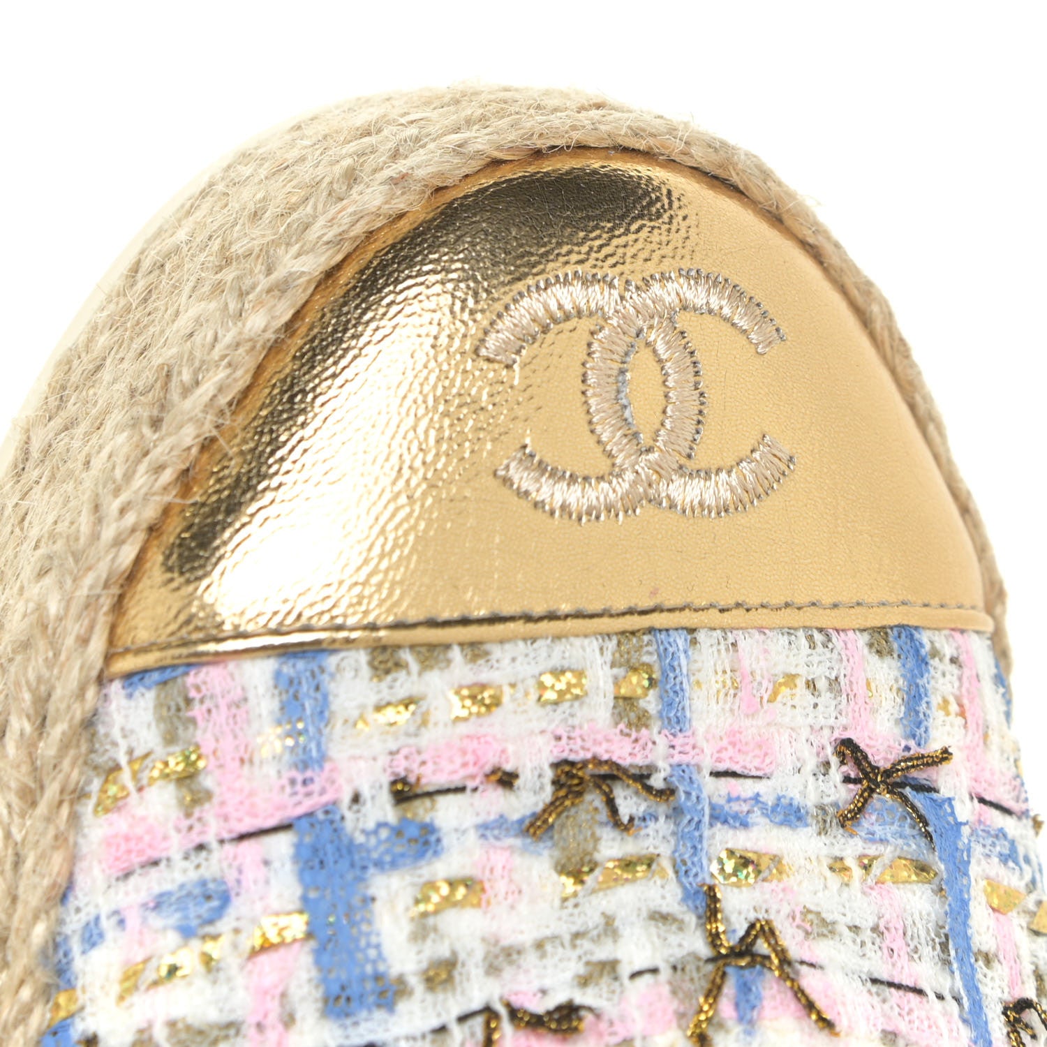 Chanel Tweed Laminated Lambskin Lace Up Espadrilles 35 Pink Blue Gold White 12 of 13