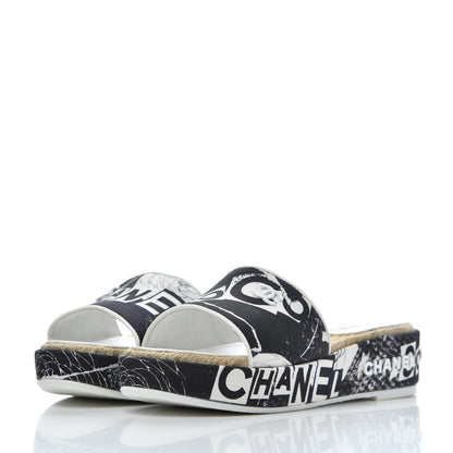 Chanel Fabric Grosgrain Printed CC Espadrille Slip On Sandals 36 White Black 3 of 14