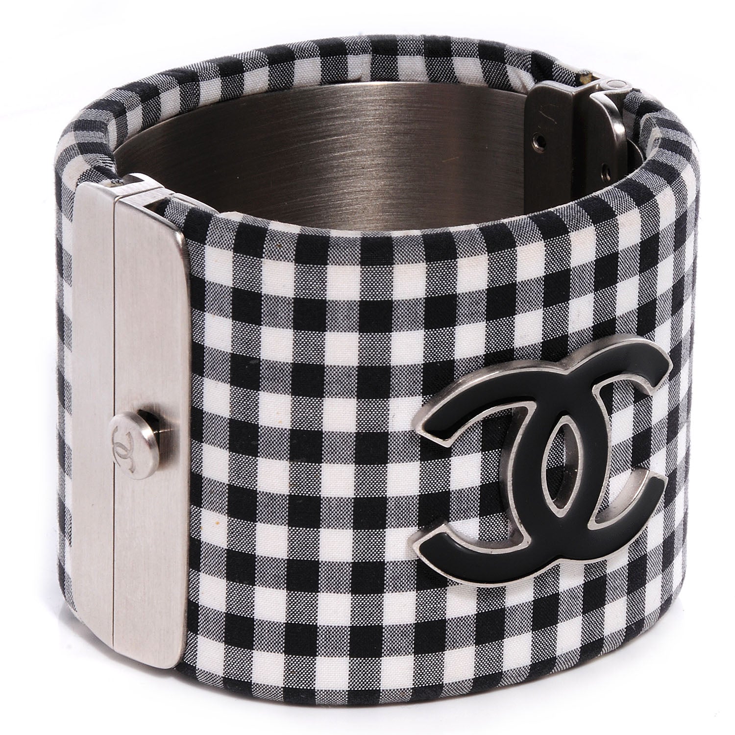 Chanel Fabric Metal Enamel Gingham CC Cuff Black White 3 of 5