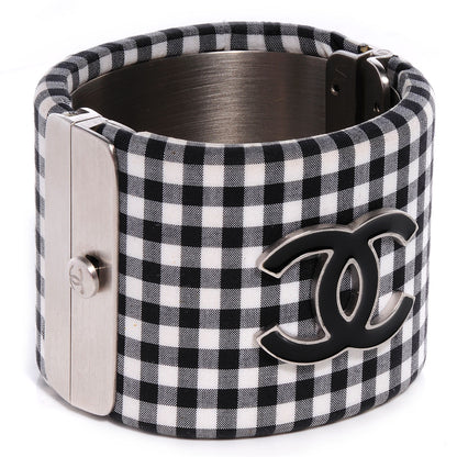 Chanel Fabric Metal Enamel Gingham CC Cuff Black White 3 of 5
