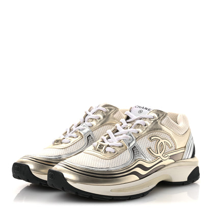 Chanel Fabric Laminated Calfskin Stretch CC Womens Sneakers 40 White Gold Silver 4 of 13