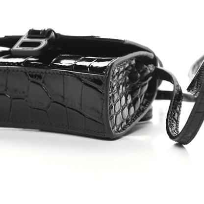 Balenciaga Shiny Calfskin Monochrome Crocodile Embossed Hourglass Top Handle Bag Mini Black 10 of 12