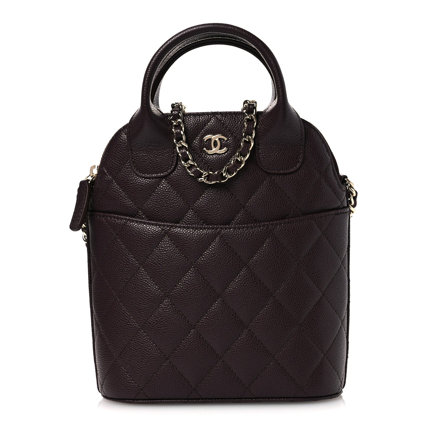 Caviar Quilted Top Handle Clutch With Chain Dark Brown