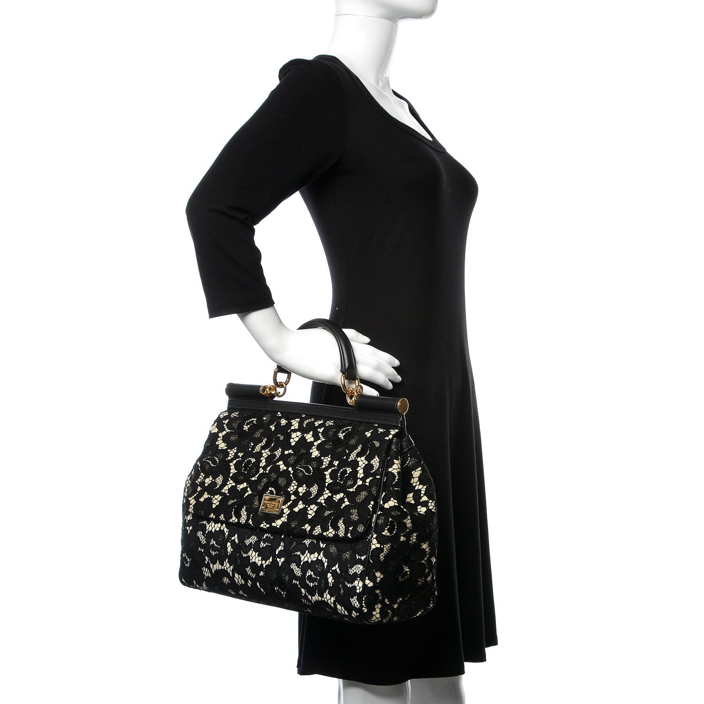 Calfskin Lace Large Miss Sicily Satchel Black