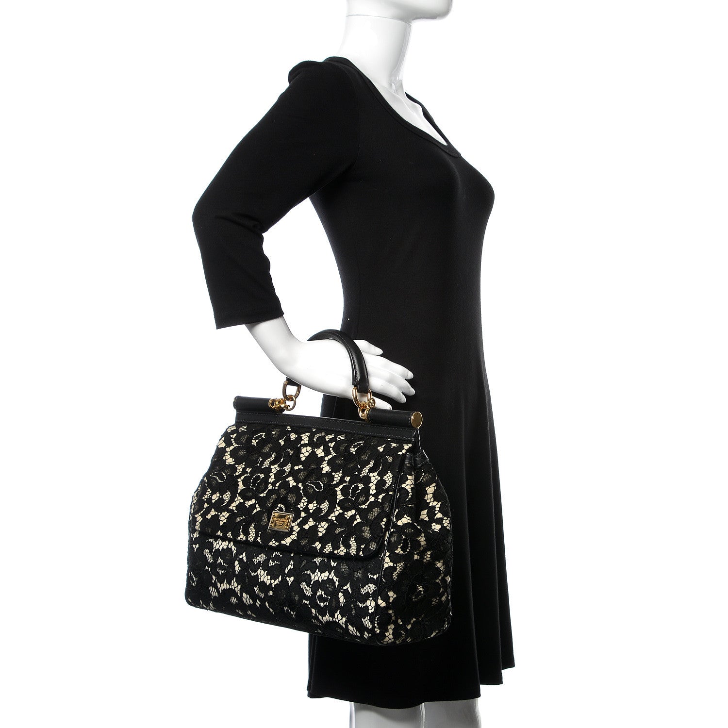 Dolce & Gabbana Calfskin Lace Large Miss Sicily Satchel Black 3 of 9