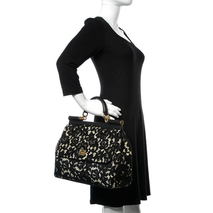 Dolce & Gabbana Calfskin Lace Large Miss Sicily Satchel Black 3 of 9