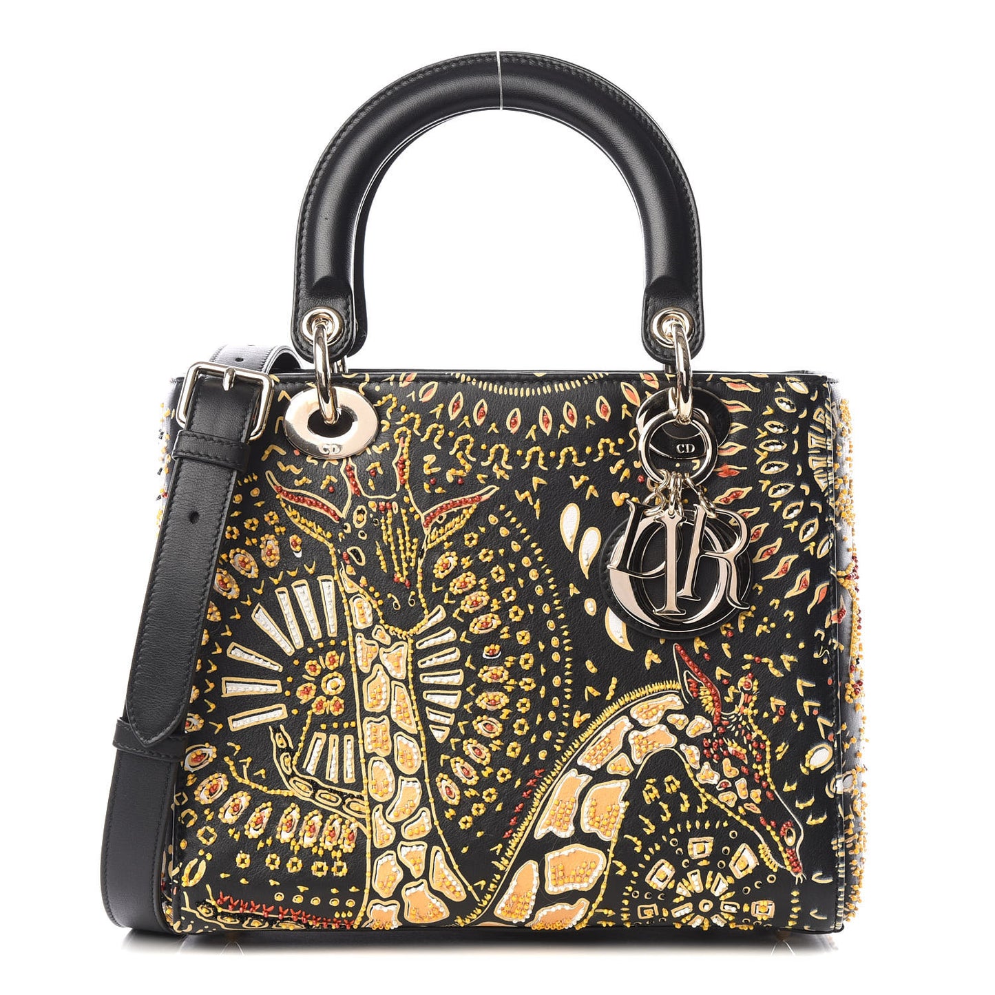Smooth Calfskin Embroidered Animals Medium Lady Dior Black Multicolor
