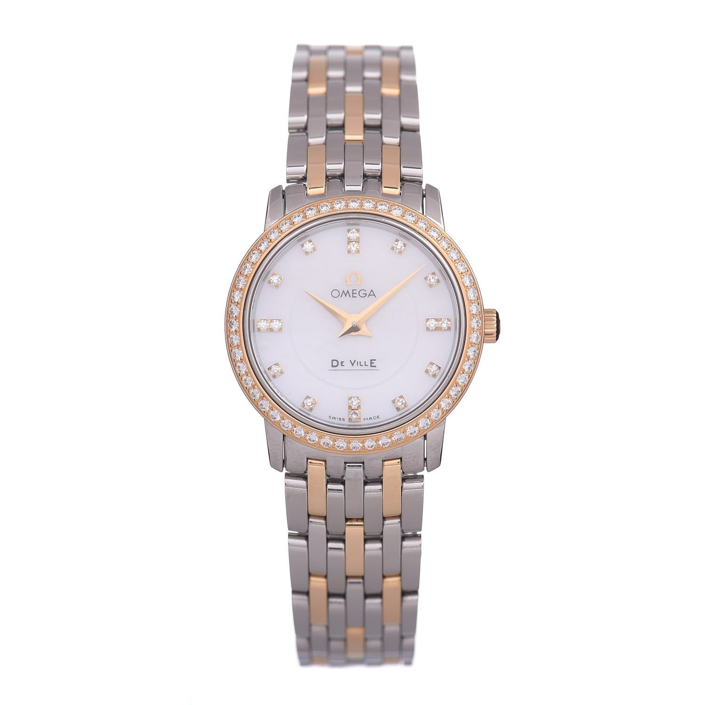 Stainless Steel 18K Yellow Gold Diamond Bezel Mother of Pearl 27mm De Ville Quartz Watch 413.25.27.60.55.001