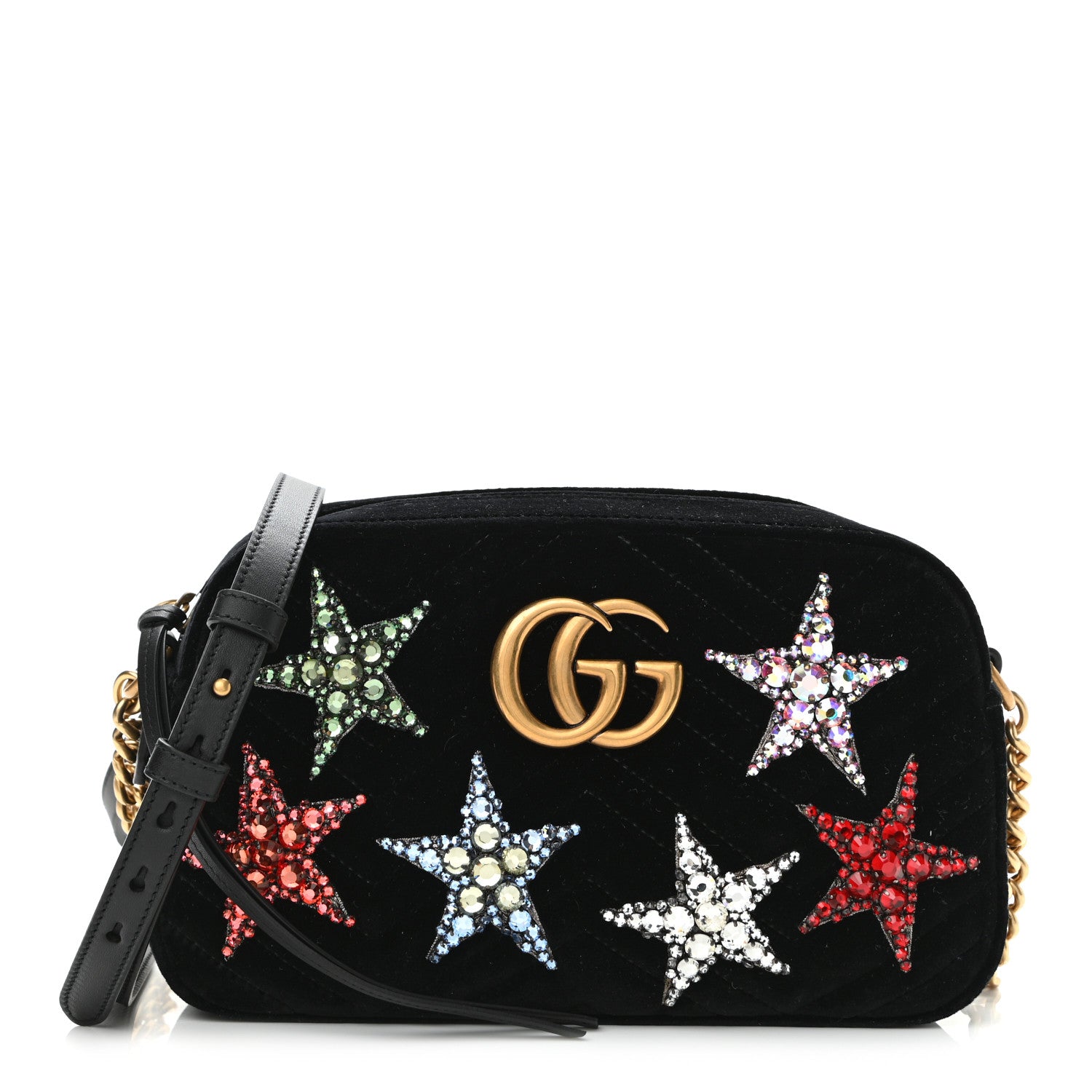 Gucci Velvet Matelasse Crystal Star Embroidered Small GG Marmont Chain Shoulder Bag Black 1 of 10