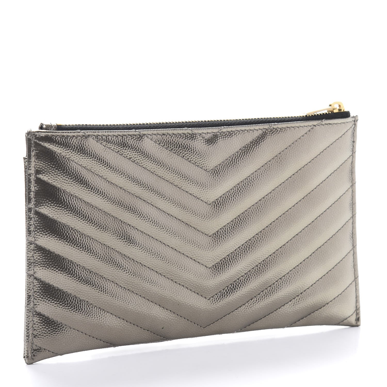 Saint Laurent Metallic Grain De Poudre Matelasse Chevron Monogram Bill Pouch Piombo 3 of 10