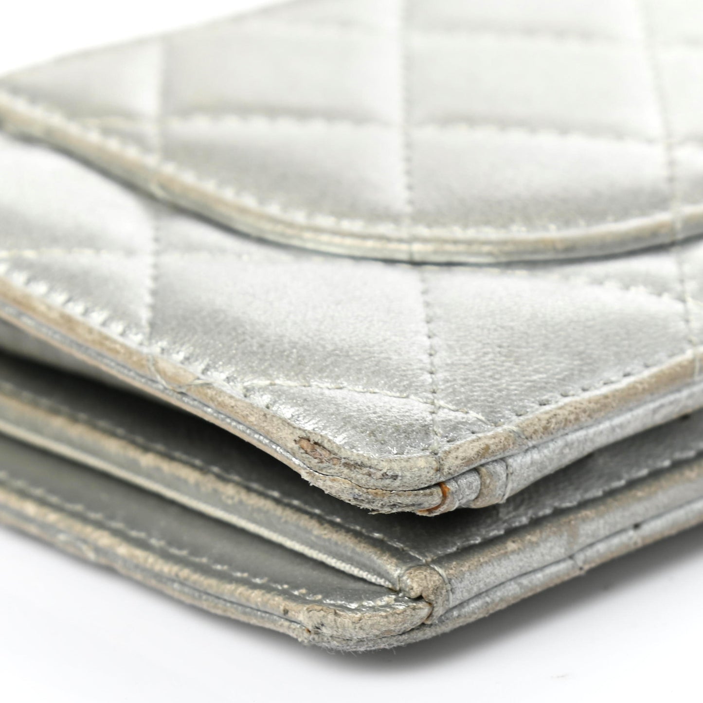 Metallic Lambskin Quilted Yen Wallet Silver