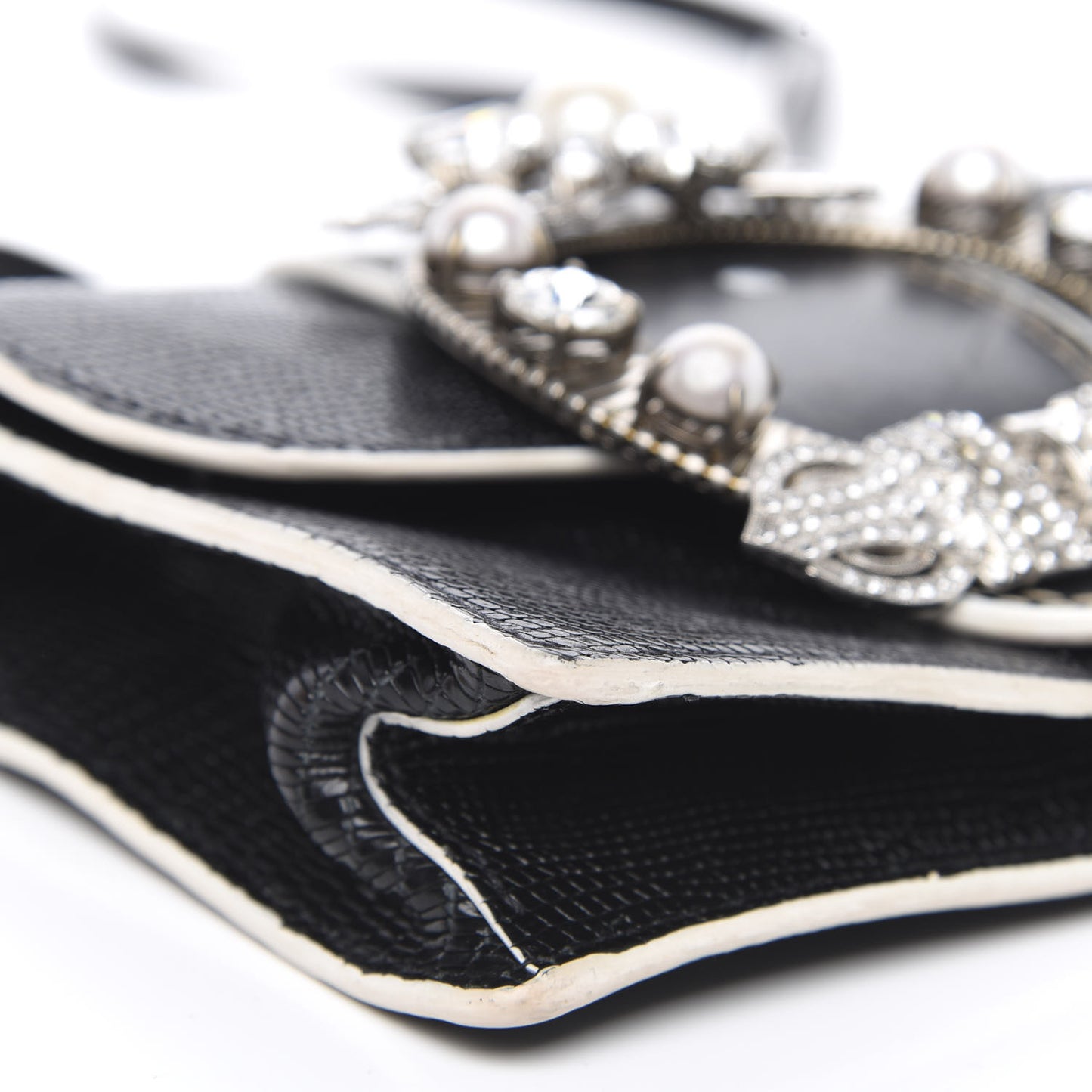 Embossed Lizard Calfskin Crystal Embellished Saint Lucertola Shoulder Bag Black