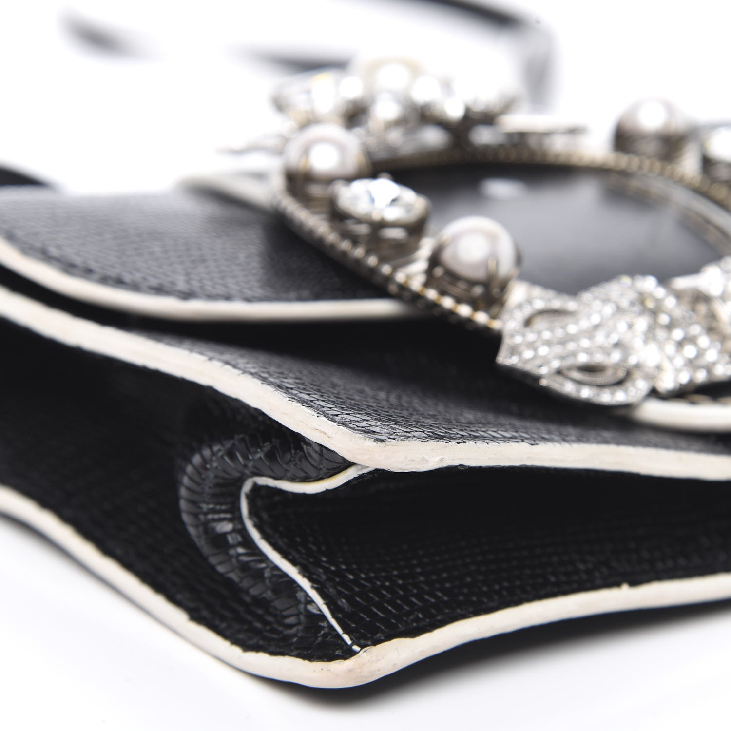 Miu Miu Embossed Lizard Calfskin Crystal Embellished Saint Lucertola Shoulder Bag Black 8 of 14