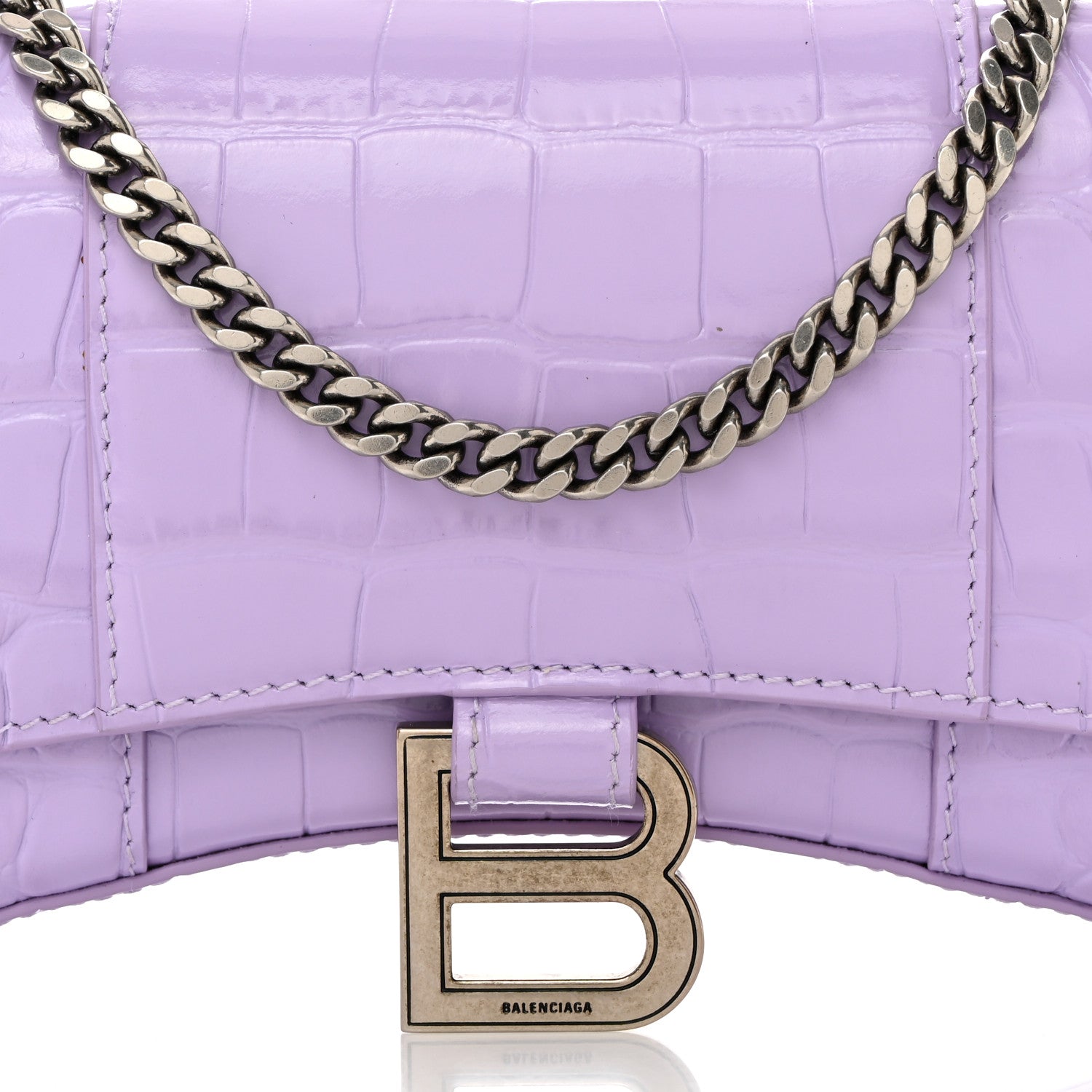 Balenciaga Shiny Calfskin Crocodile Embossed Hourglass Chain Bag Lilac 9 of 13