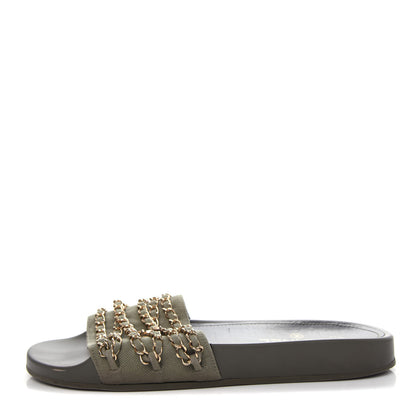 Chanel Canvas Chain Flat Sandals 40 Khaki 1 of 10