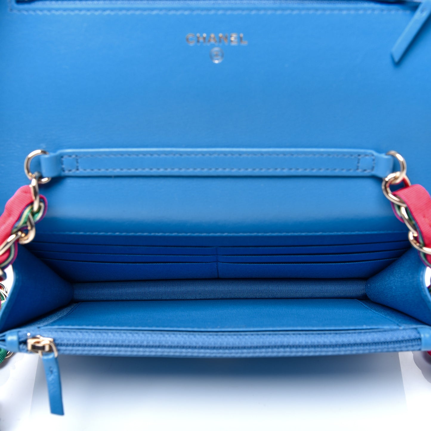 Shiny Lambskin Quilted Ribbon Wallet On Chain WOC Blue