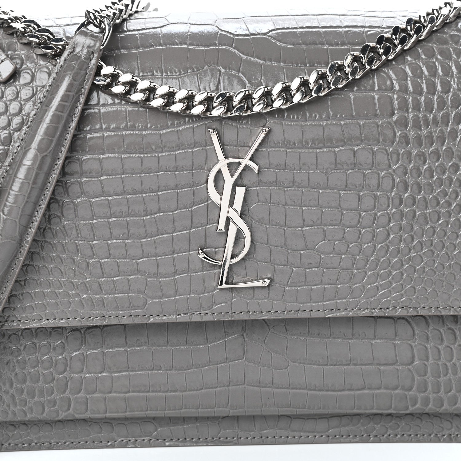 Saint Laurent Calfskin Crocodile Embossed Large Monogram Sunset Fog 7 of 9