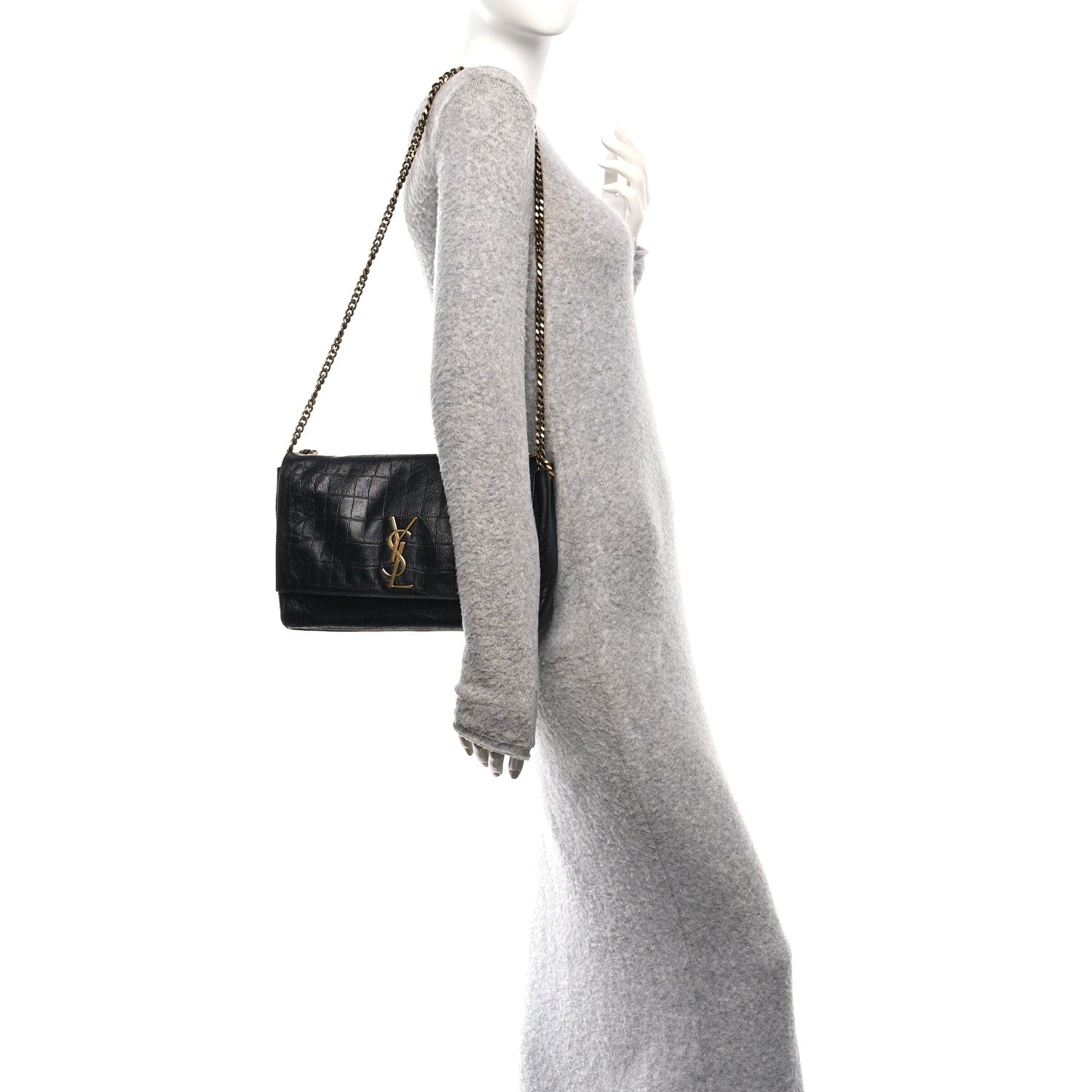 Saint Laurent Calfskin Crocodile Embossed Suede Medium Reversible Monogram Kate Satchel Military Taupe 2 of 10