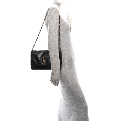 Saint Laurent Calfskin Crocodile Embossed Suede Medium Reversible Monogram Kate Satchel Military Taupe 2 of 10