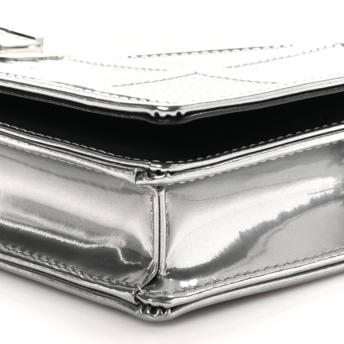Metallic Patent Micro-Cannage Diorama Wallet on Chain Pouch Silver