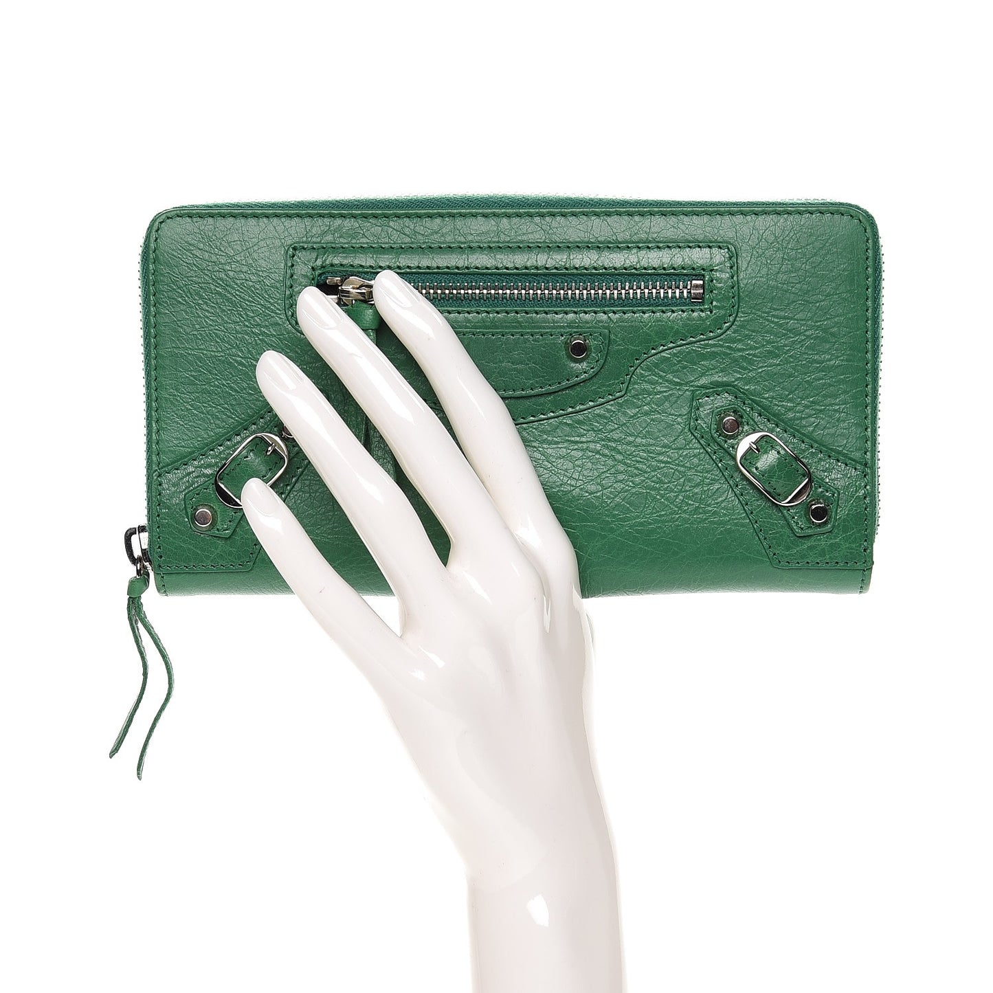 Agneau Classic Silver Hardware Continental Zip Around Wallet Emeraud