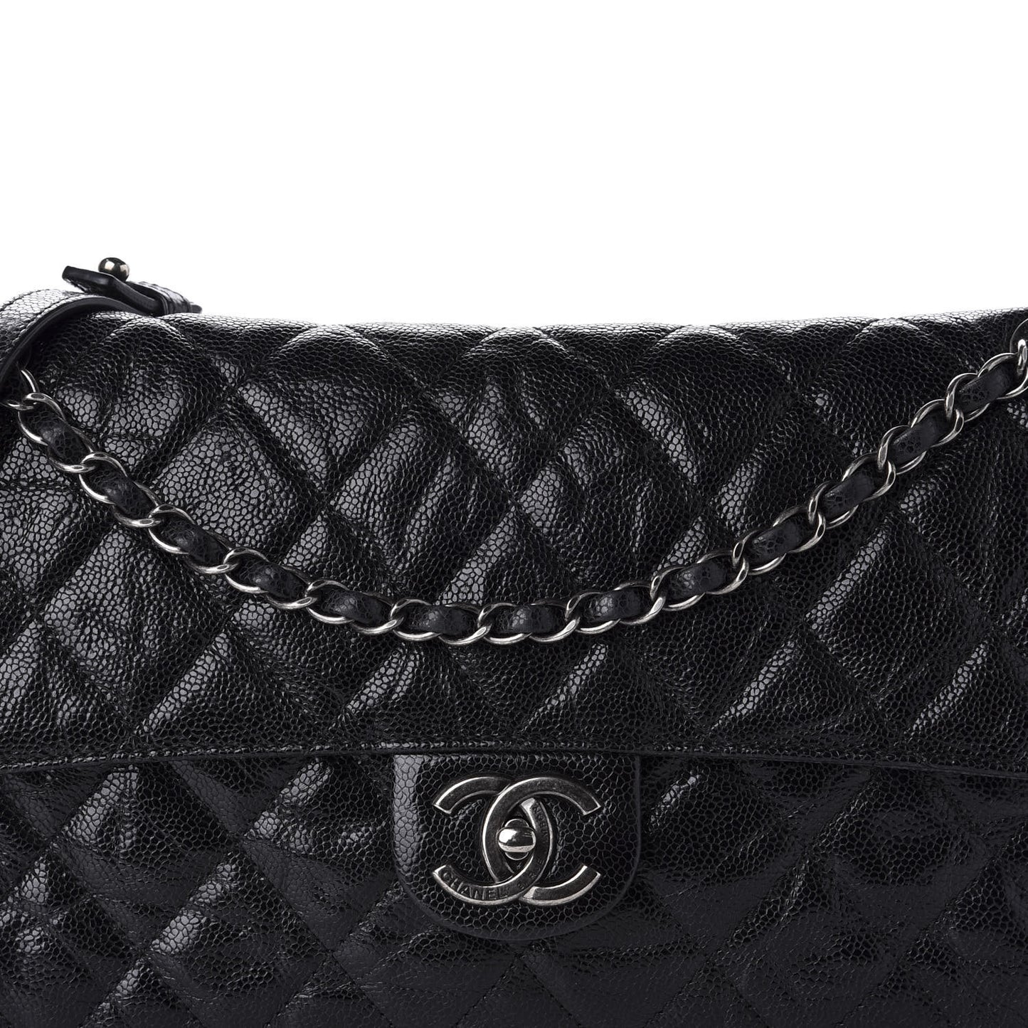 Crumpled Grained Calfskin Jumbo CC Crave Flap Black