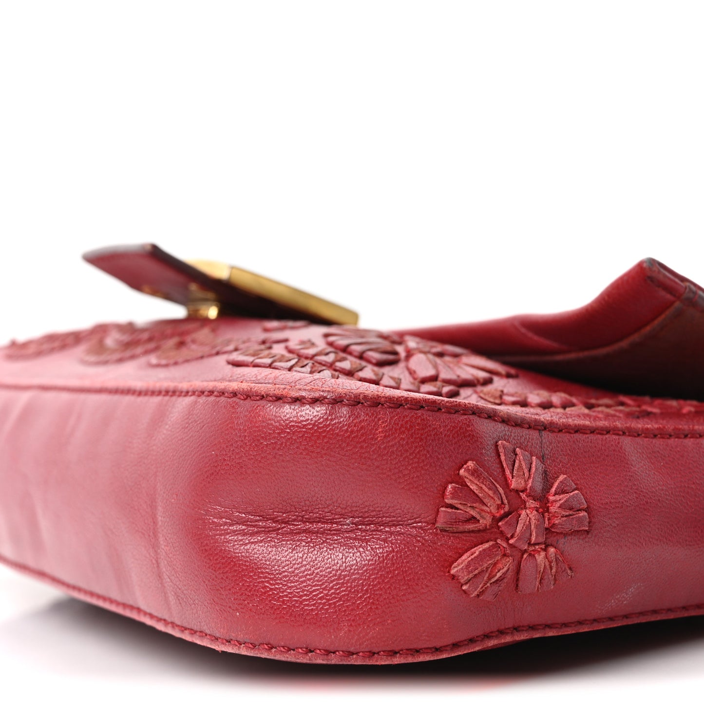 Calfskin Floral Stitched Baguette Red