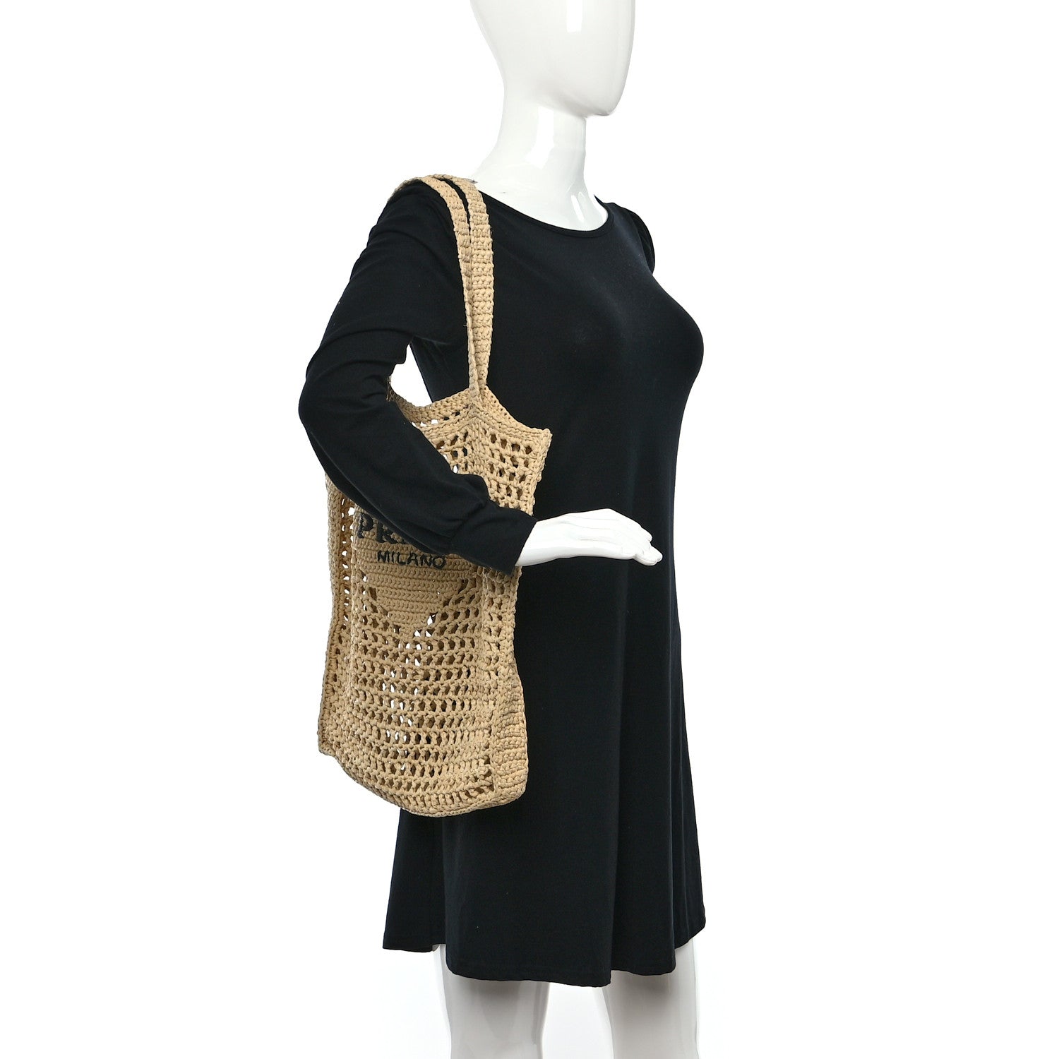 Prada Yarn Raffia Effect Crochet Logo Embroidered Tote Bag Naturale 2 of 9