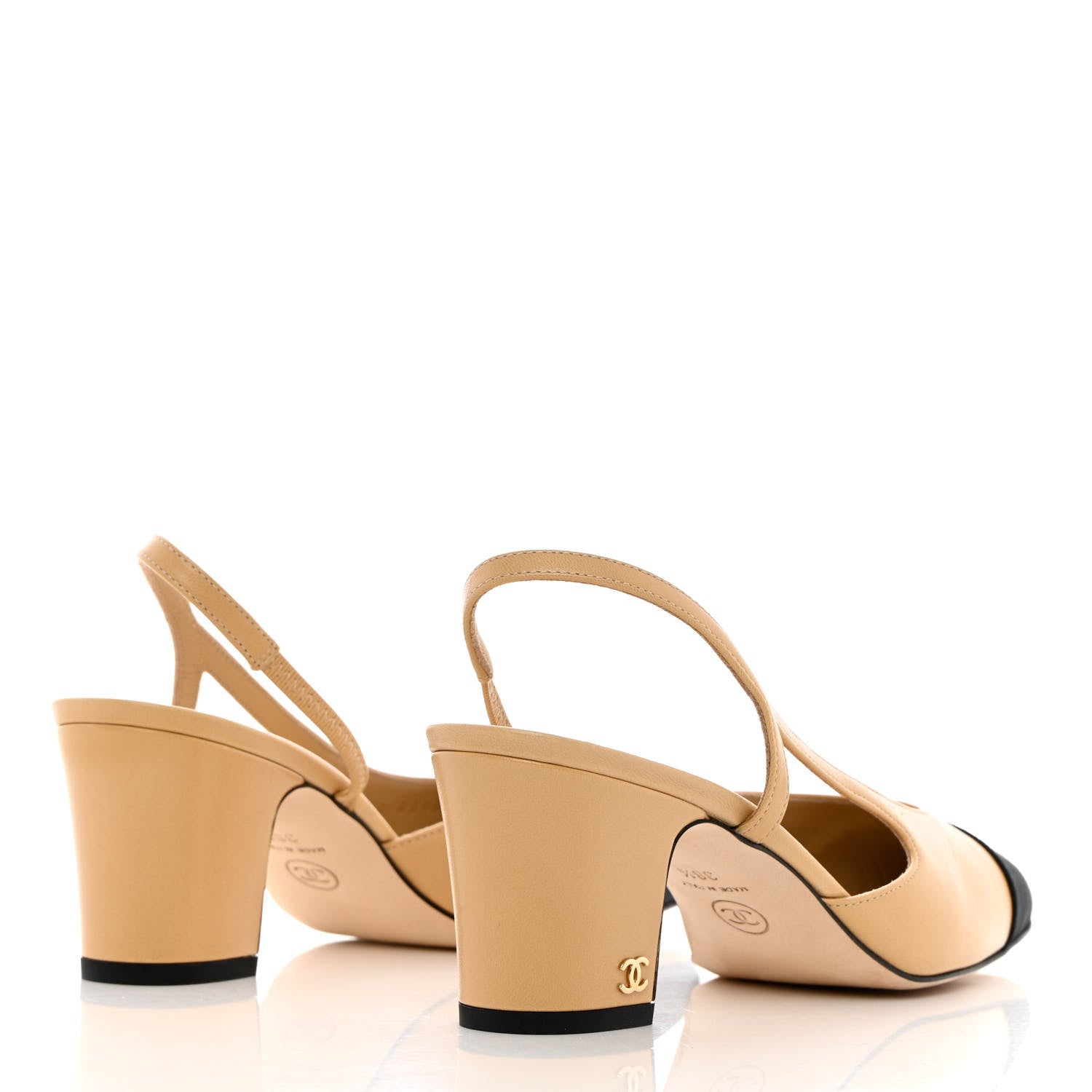 Chanel Goatskin Grosgrain Cap Toe CC Slingback Pumps 38.5 Beige Black 4 of 12