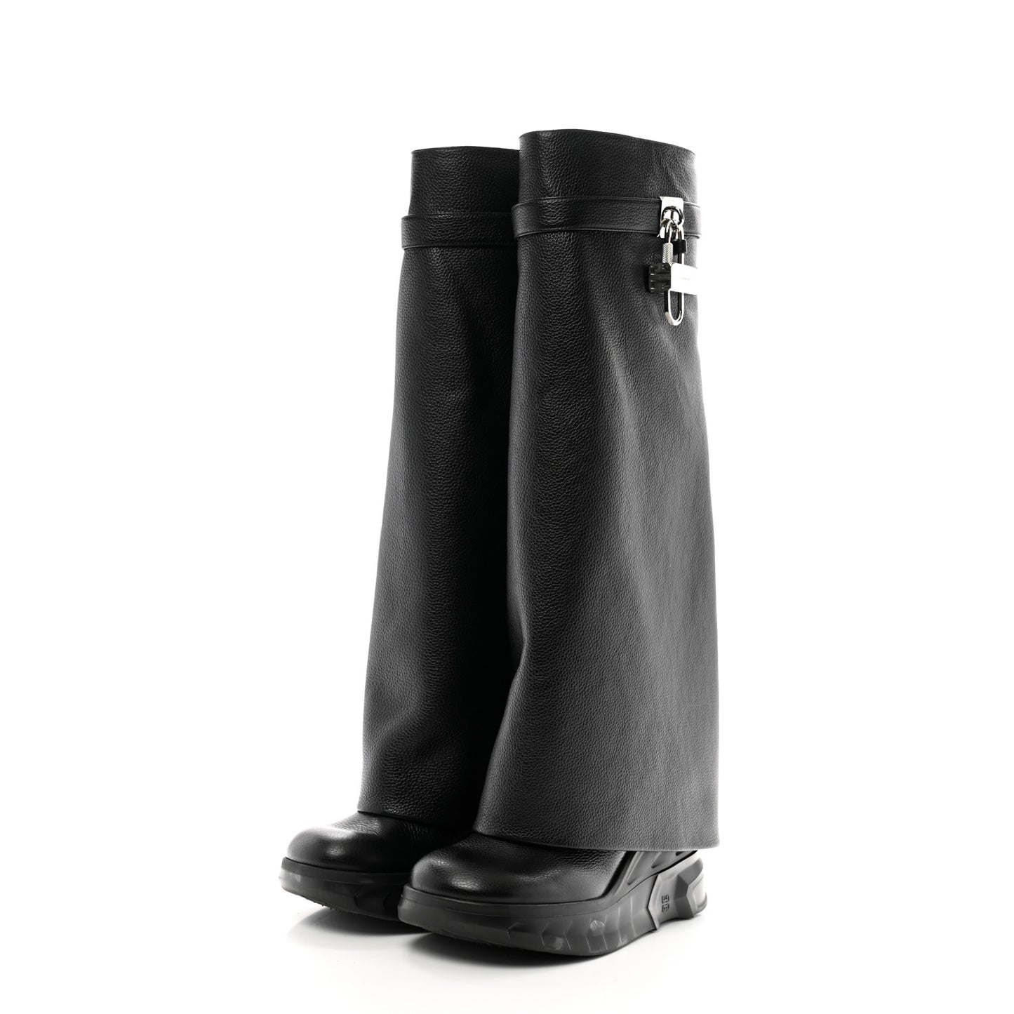 Grained Calfskin Shark Lock Biker Knee Boots 38 Black