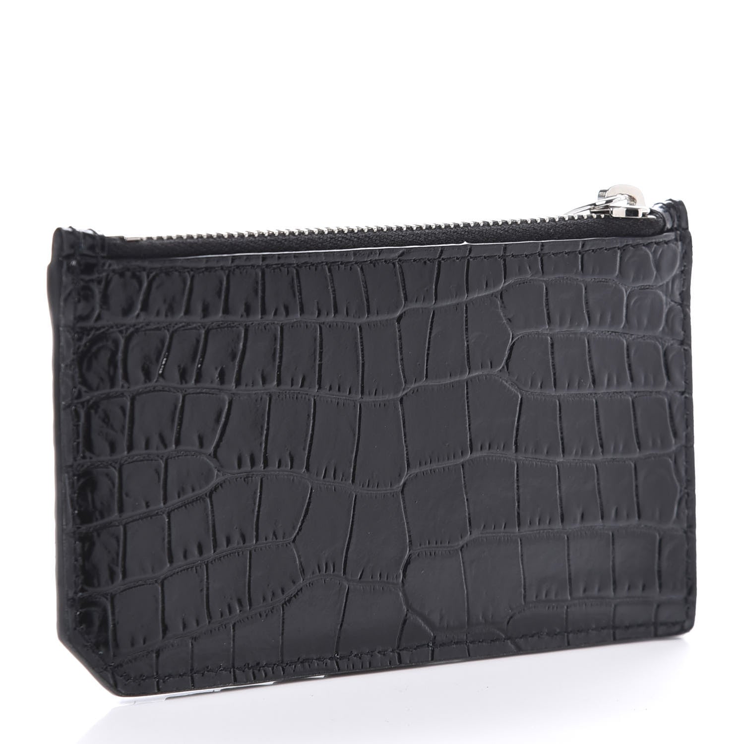 Saint Laurent Calfskin Crocodile Embossed 5 Fragments Zip Pouch Card Holder Black 3 of 7