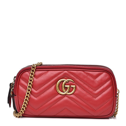 Gucci Calfskin Matelasse Mini GG Marmont Chain Crossbody Bag Hibiscus Red 1 of 13
