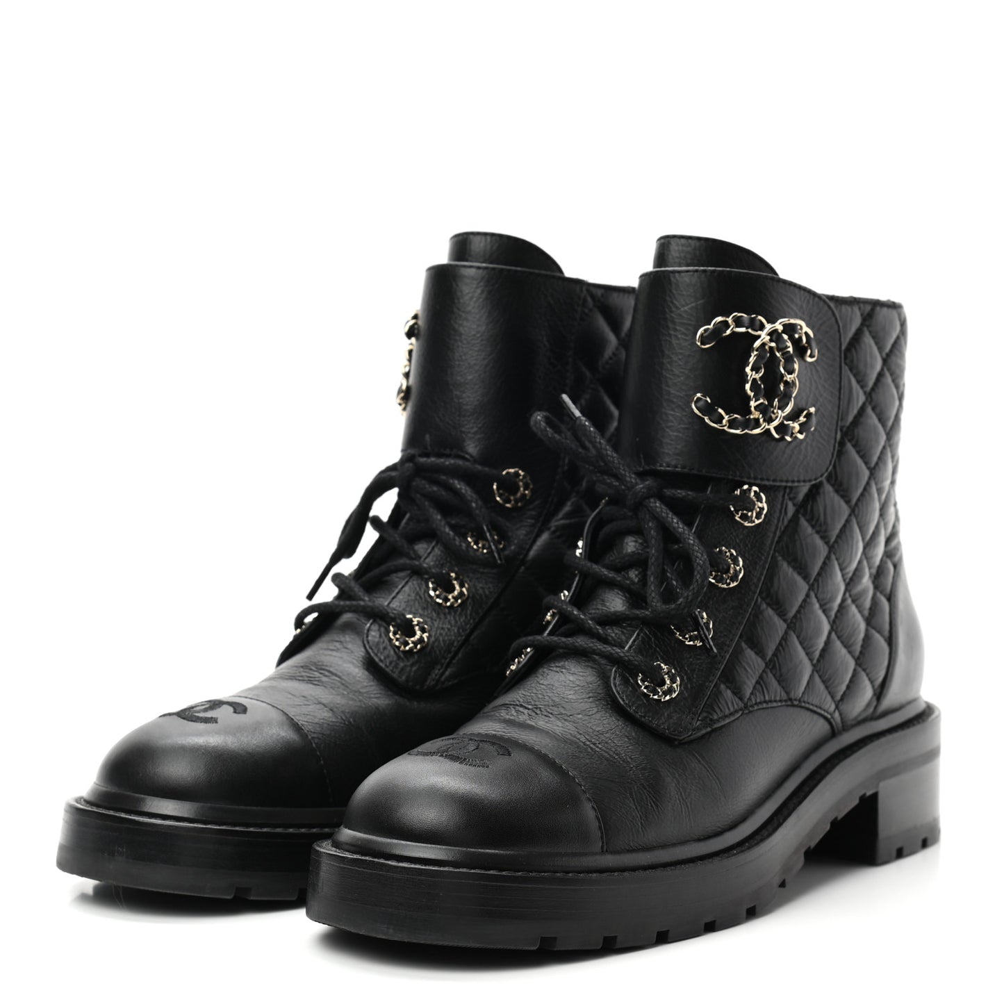 Shiny Goatskin Calfskin Quilted Lace Up Combat Boots 39.5 Black