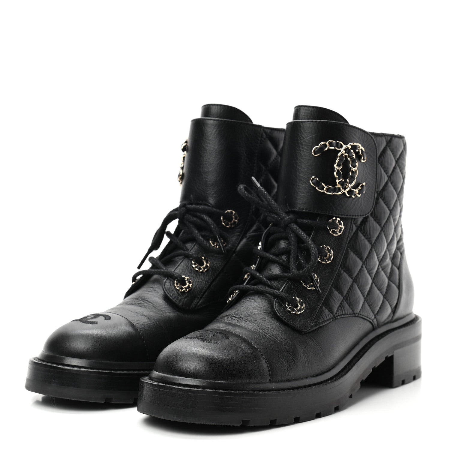 Chanel Shiny Goatskin Calfskin Quilted Lace Up Combat Boots 39.5 Black 3 of 8