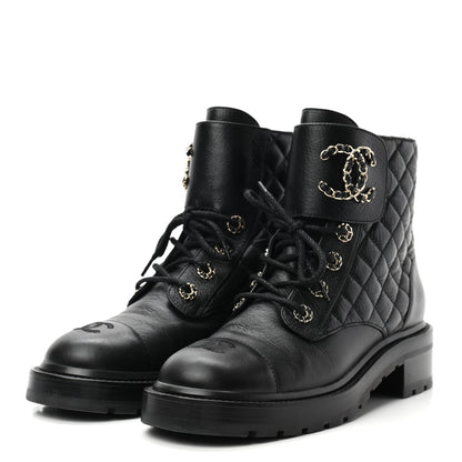 Chanel Shiny Goatskin Calfskin Quilted Lace Up Combat Boots 39.5 Black 3 of 8