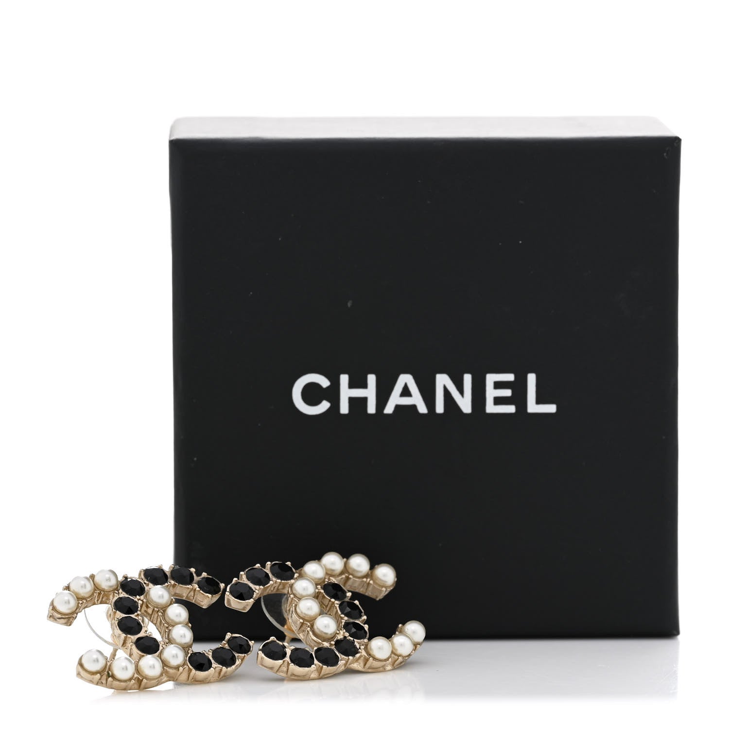 Chanel Crystal Pearl CC Dazzling Domino Earrings Gold Black 5 of 5